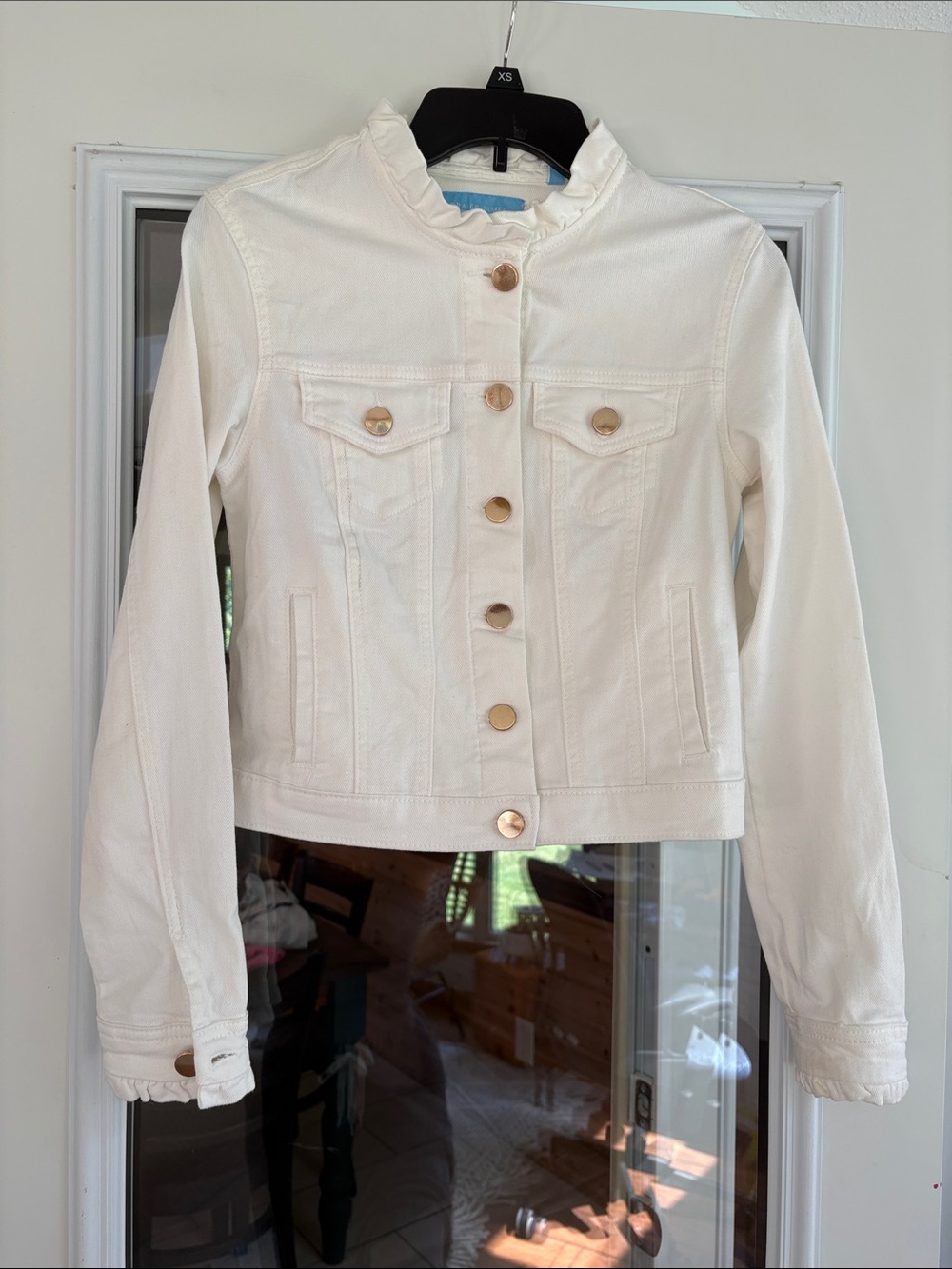 XS Draper James White Ruffle Collar Denim Jacket